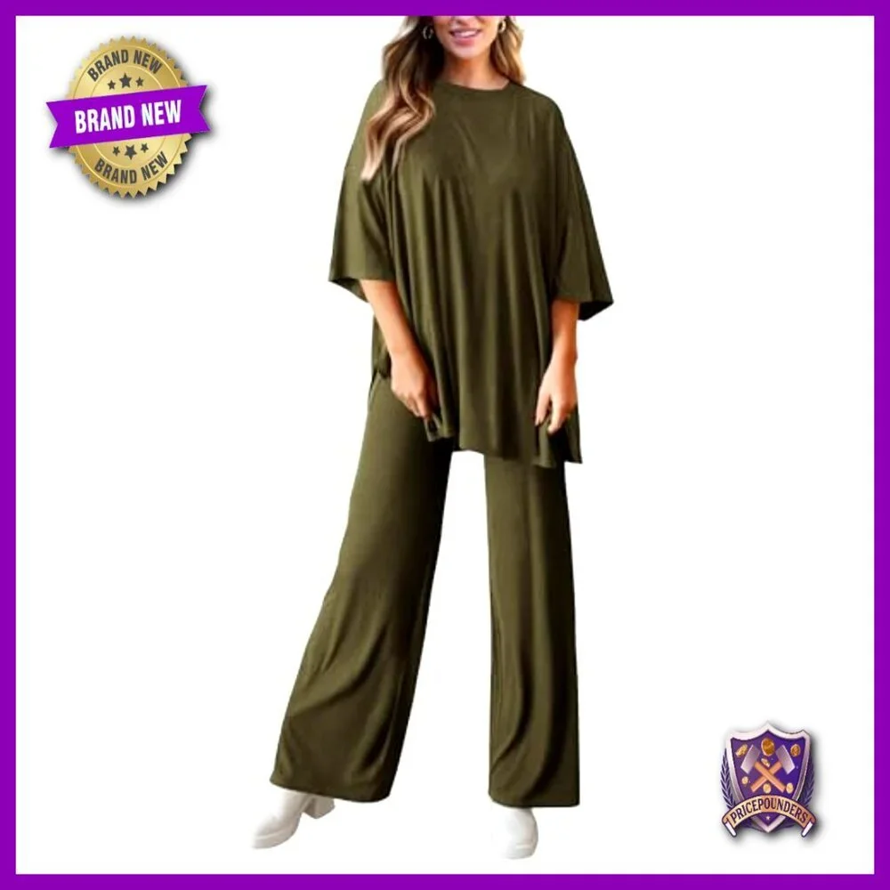 Two Piece Lounge Set Wide Leg Pants Crewneck Top Comfortable Knit Matching